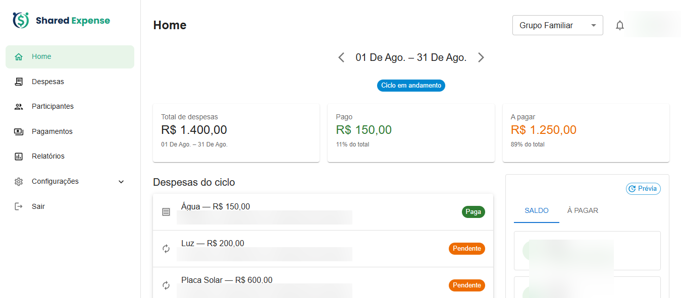 Tela inicial do Shared Expense: resumo do grupo com total de despesas, valores pagos e a pagar, a lista de despesas do ciclo e os saldos por pessoa.
